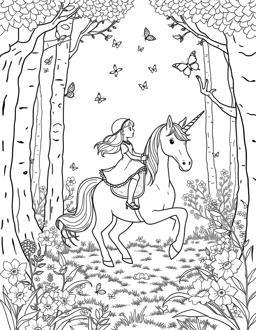 A girl riding a unicorn through a magical forest, with butterflies fluttering around them.