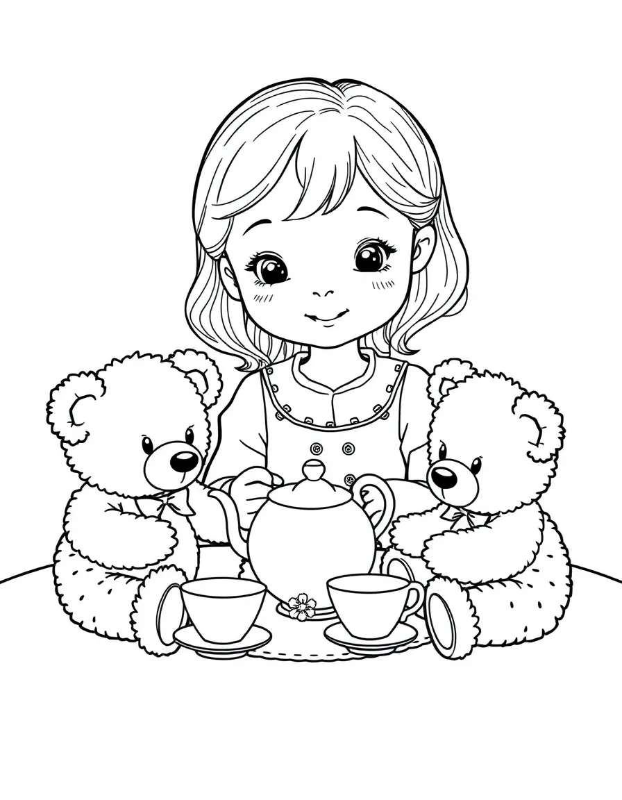 A girl having a tea party with her teddy bears, with tiny teacups and a teapot.