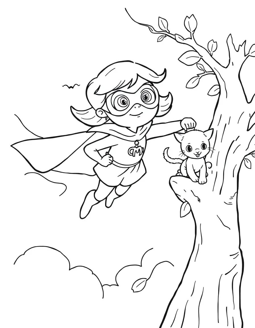 A girl superhero flying through the sky, wearing a cape and a mask, rescuing a kitten from a tree.