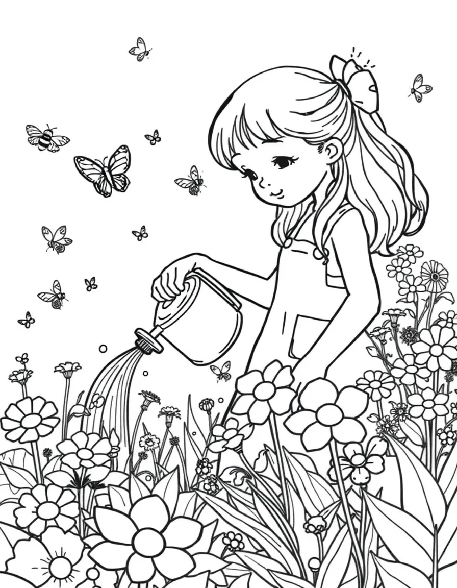 A girl gardener watering flowers in a vibrant garden, with butterflies and bees buzzing around.