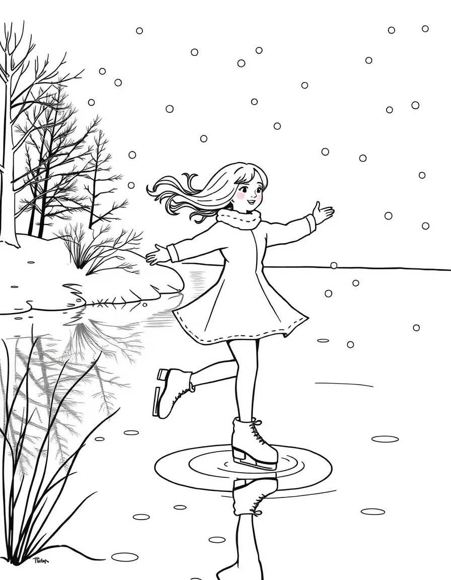 A girl ice skater gracefully spinning on a frozen pond, with snow falling gently.