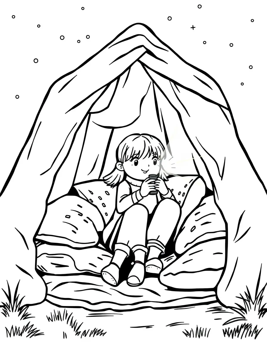 A girl building a fort out of blankets and pillows, with a flashlight inside.
