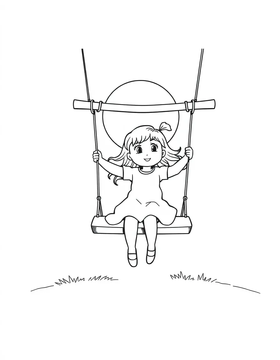 A girl on a swing set, swinging high up into the sky, with the sun shining behind her.