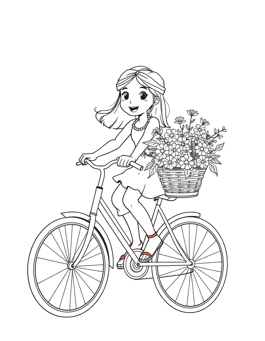 A girl riding a bicycle with a basket full of flowers, smiling as she pedals.