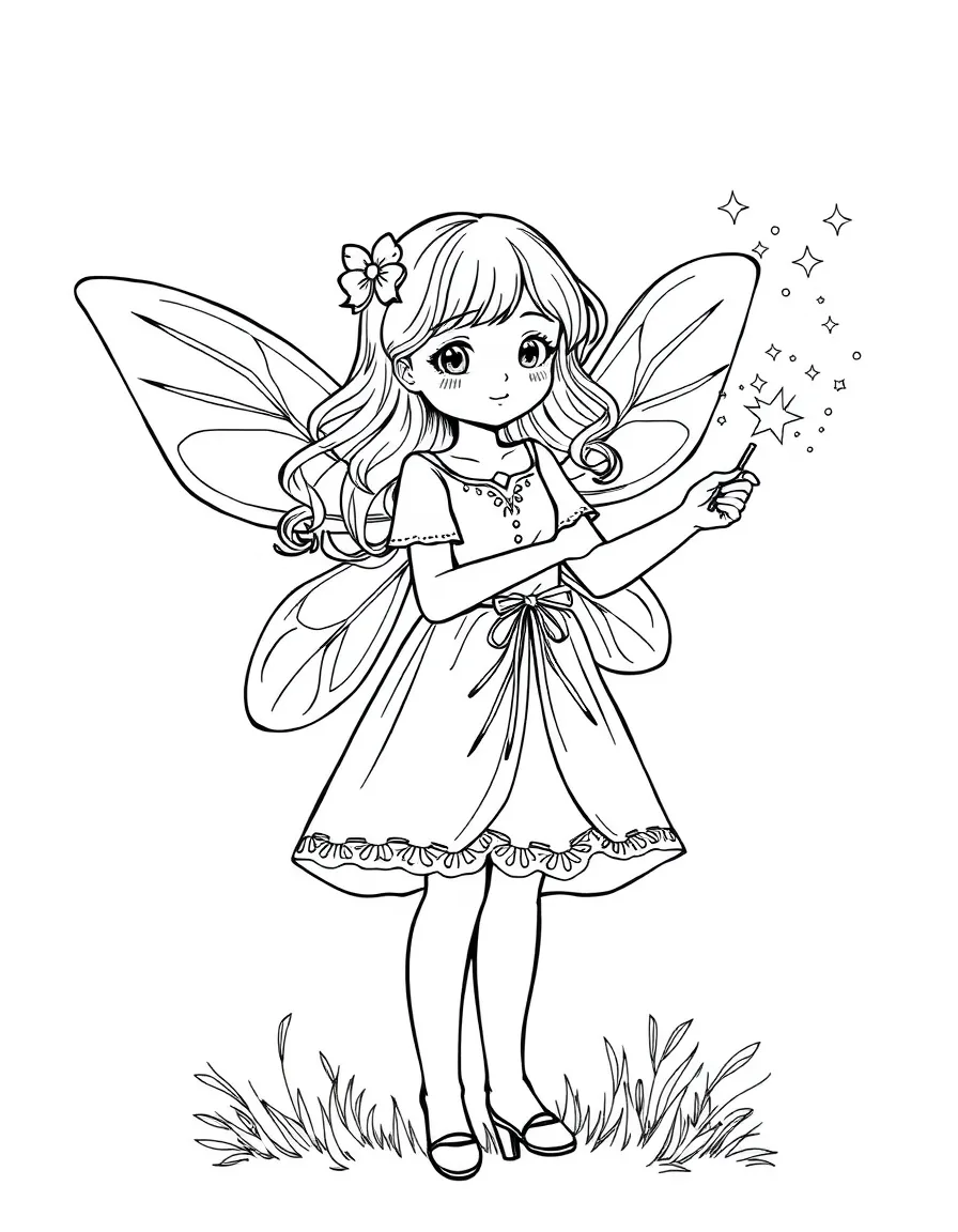 A girl dressed as a fairy, with delicate wings and a magic wand, sprinkling fairy dust.