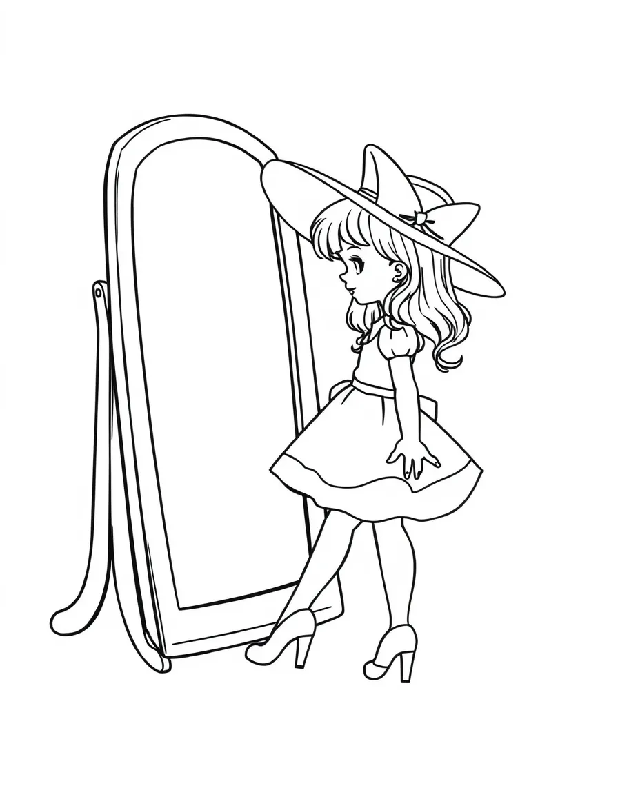 A girl playing dress-up in her mom's high heels and a big hat, looking in a mirror.