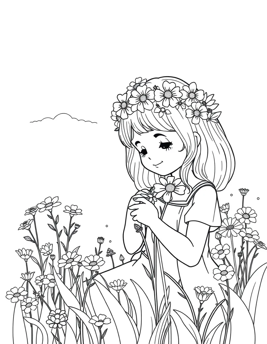 A girl making a flower crown with fresh flowers in a sunny meadow.