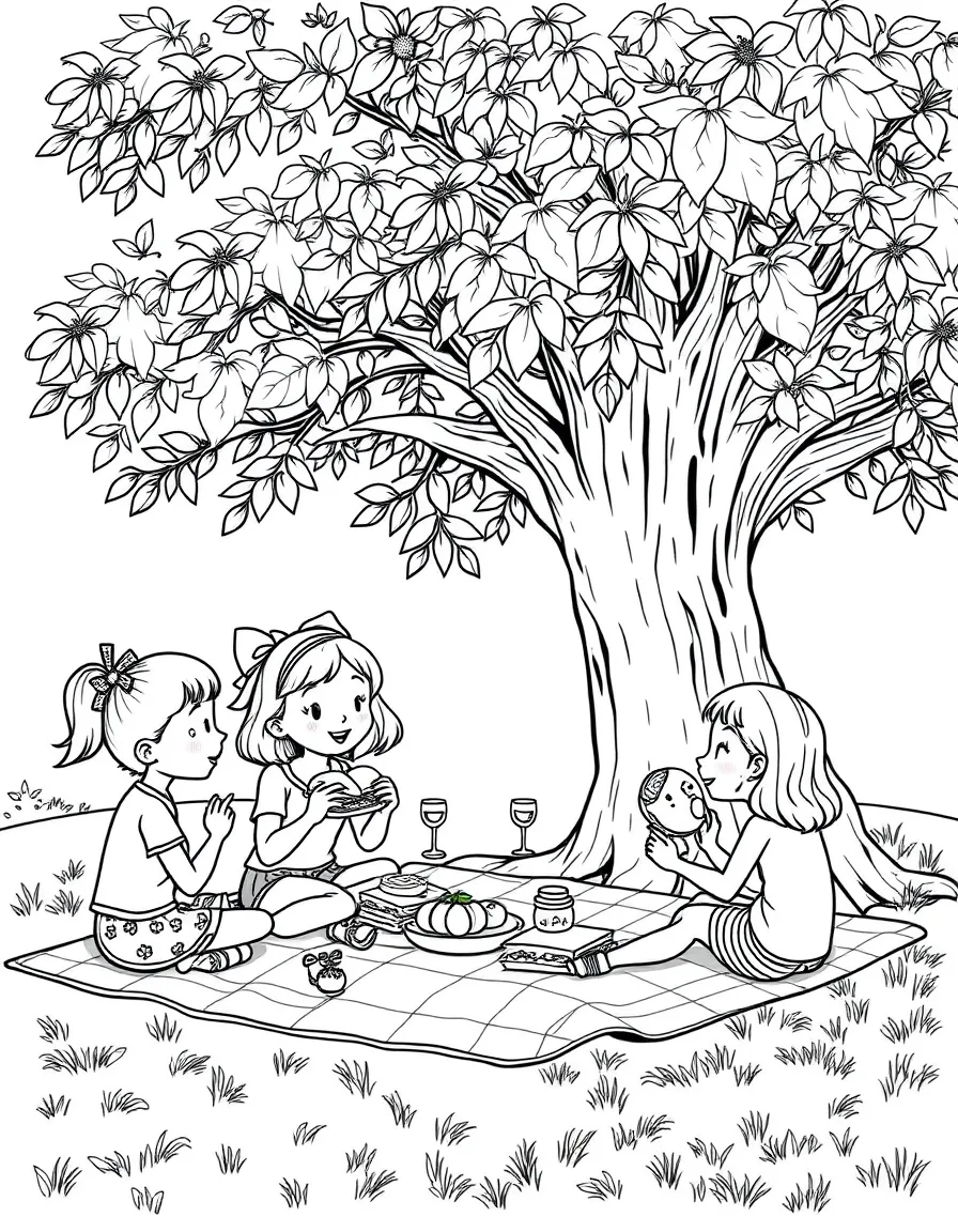A girl having a picnic with her friends, sharing sandwiches and fruit under a big tree.
