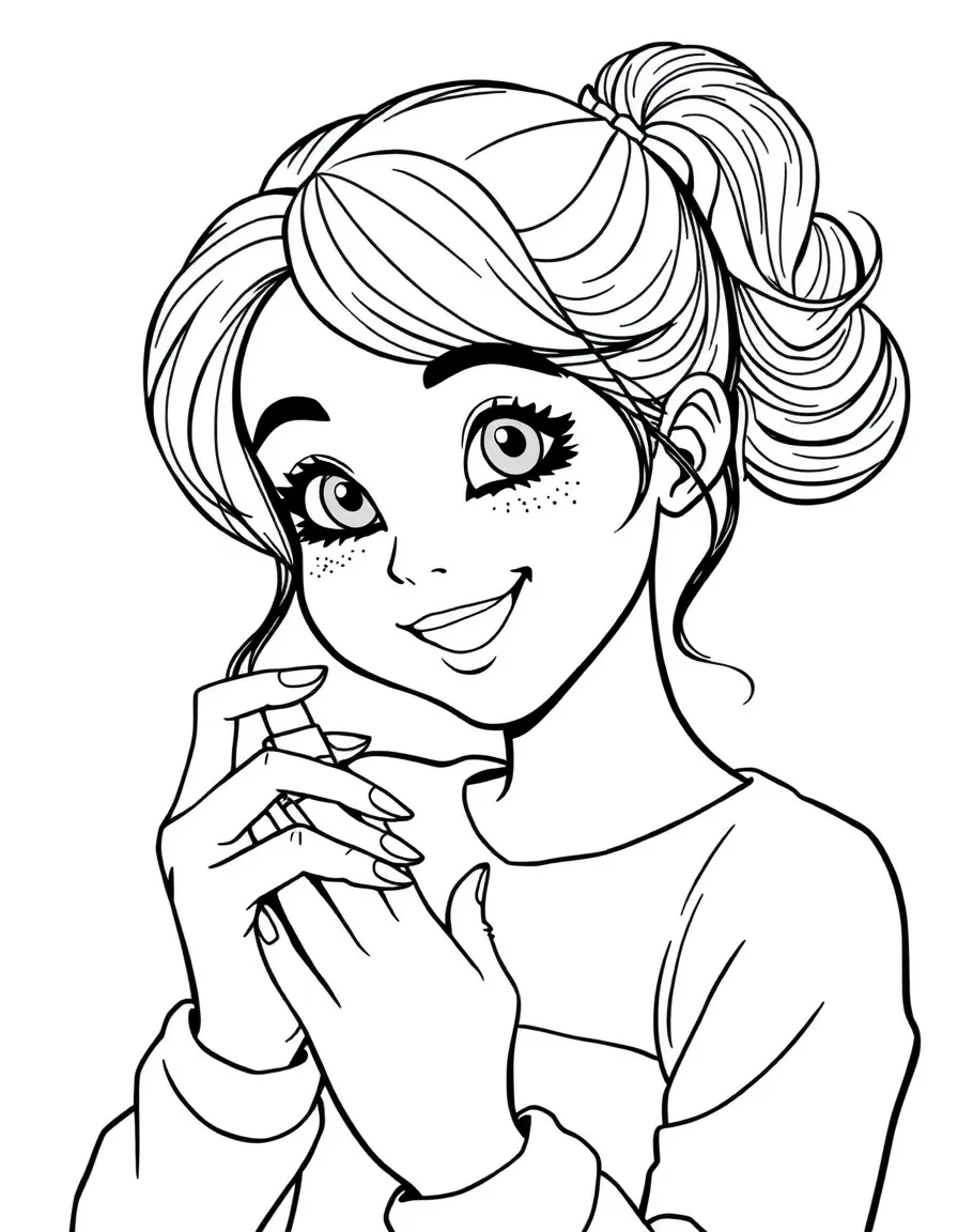 A girl painting her nails with glitter polish, looking happy and stylish.