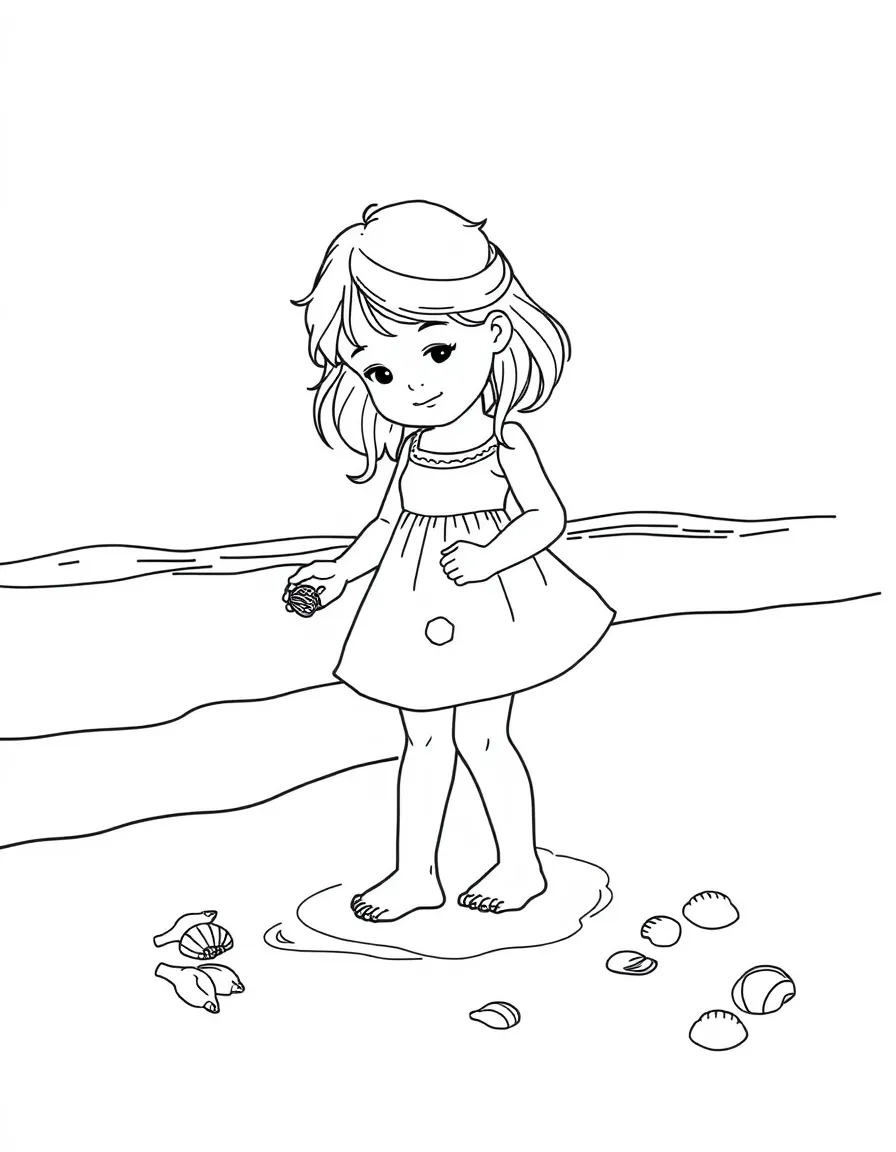 A girl collecting seashells on the beach, with waves gently lapping at her feet.