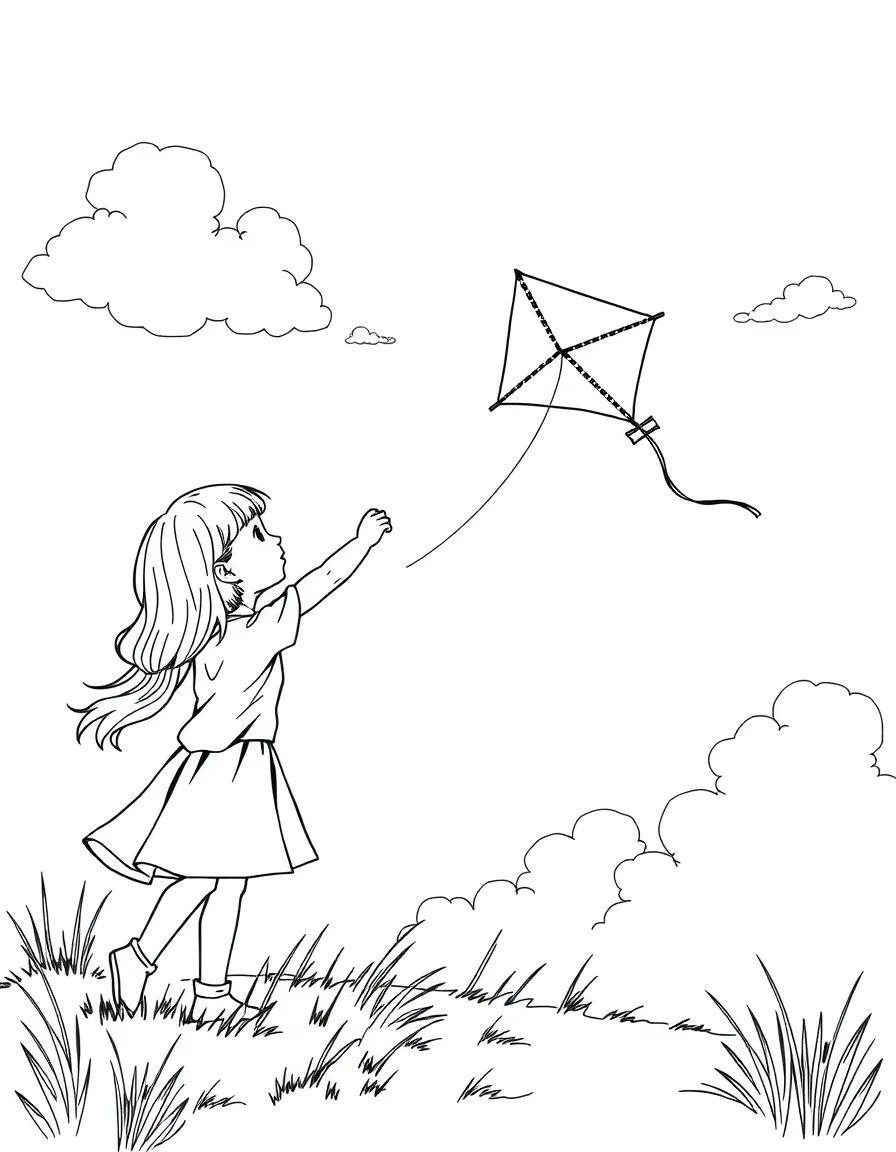 A girl playing with a kite on a windy day, watching it soar high in the sky.