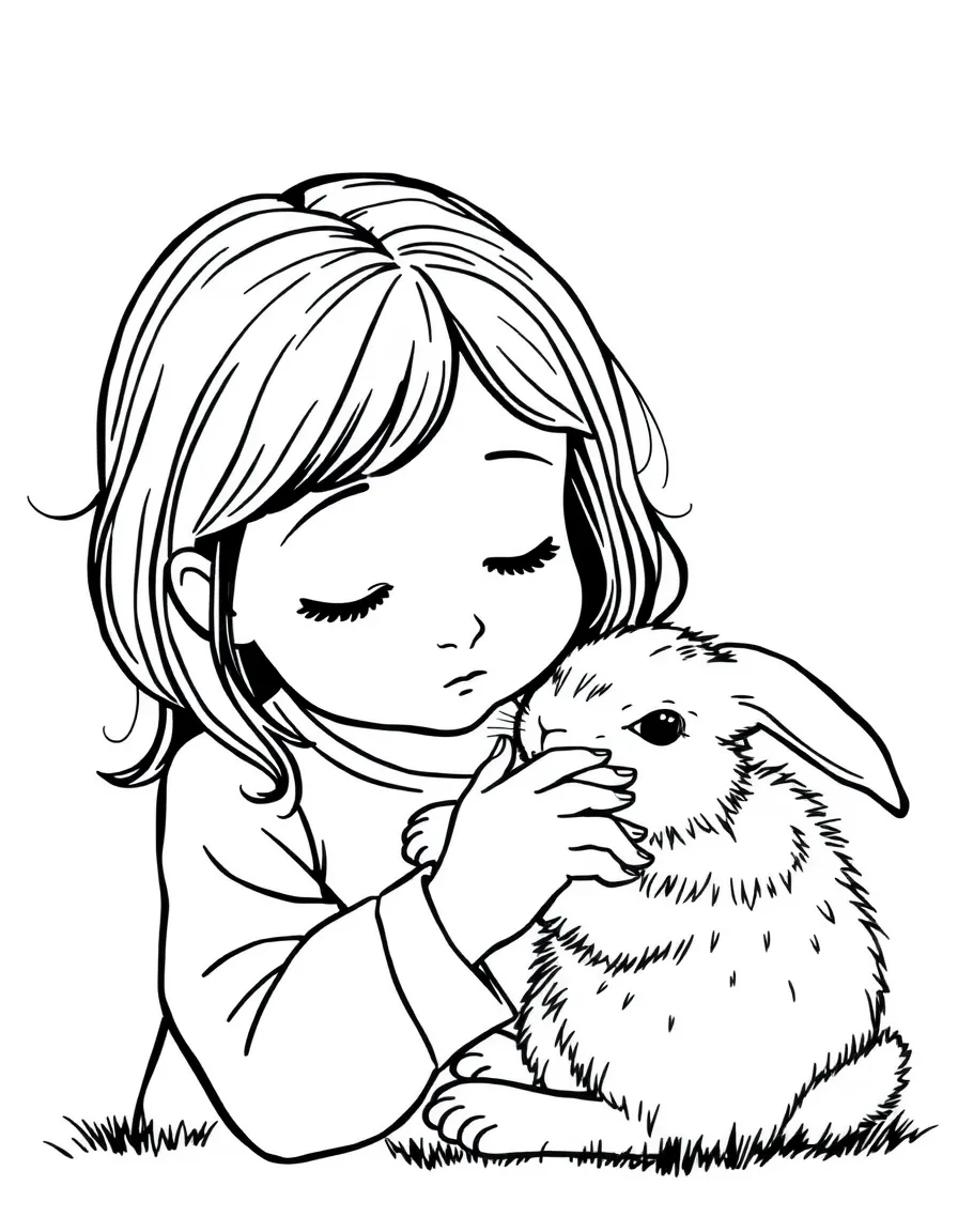 A girl cuddling with a fluffy bunny, stroking its soft fur.