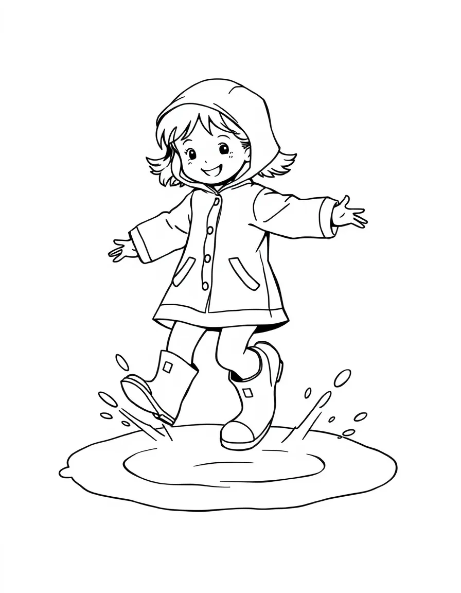 A girl in a rain slicker and boots, jumping in a puddle, splashing water everywhere.