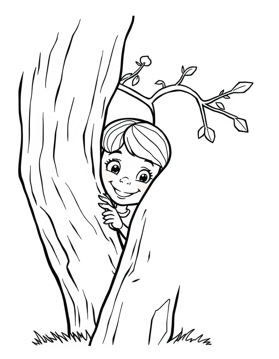 A girl playing hide-and-seek, peeking out from behind a tree with a playful grin.