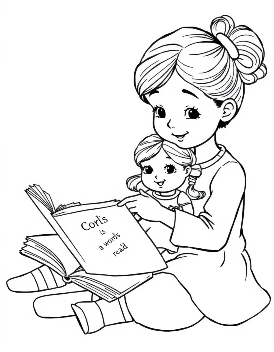 A girl teaching her doll how to read, pointing to words in a book.