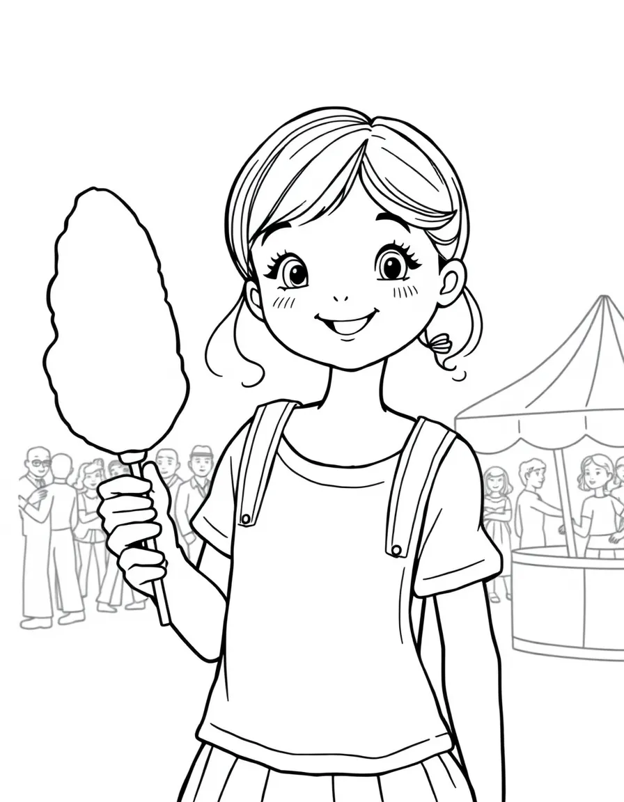 A girl at a fair, holding a cotton candy stick and smiling.