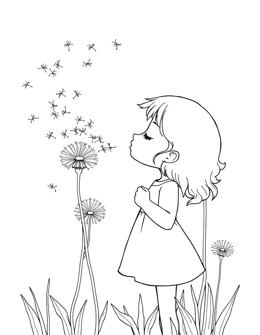A girl blowing dandelions and making a wish, with fluffy seeds floating away.