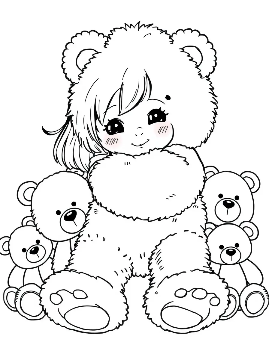 A girl hugging a big, fluffy teddy bear, surrounded by stuffed animals.