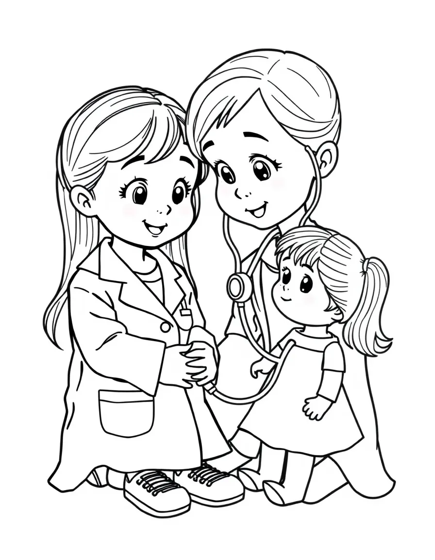 A girl pretending to be a doctor, giving her doll a check-up with a toy stethoscope.