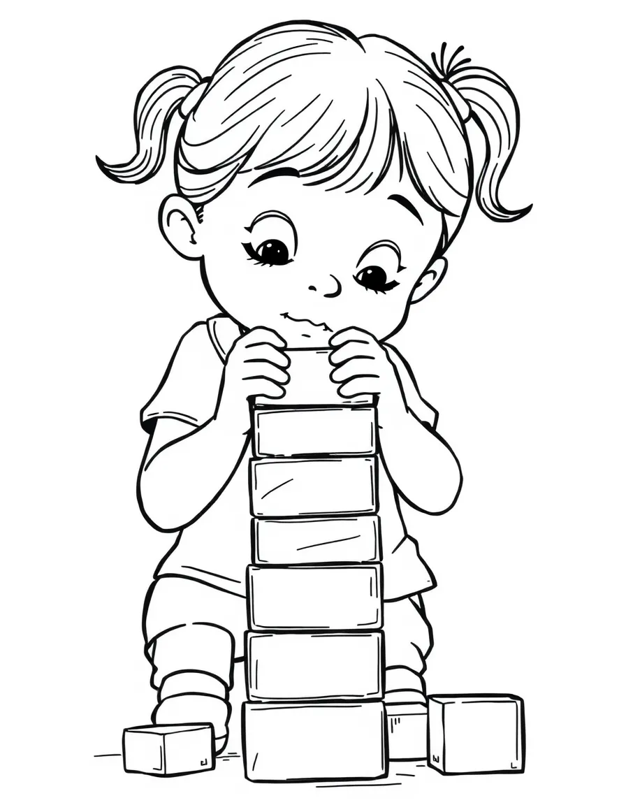 A girl building a tower of colorful blocks, concentrating hard.