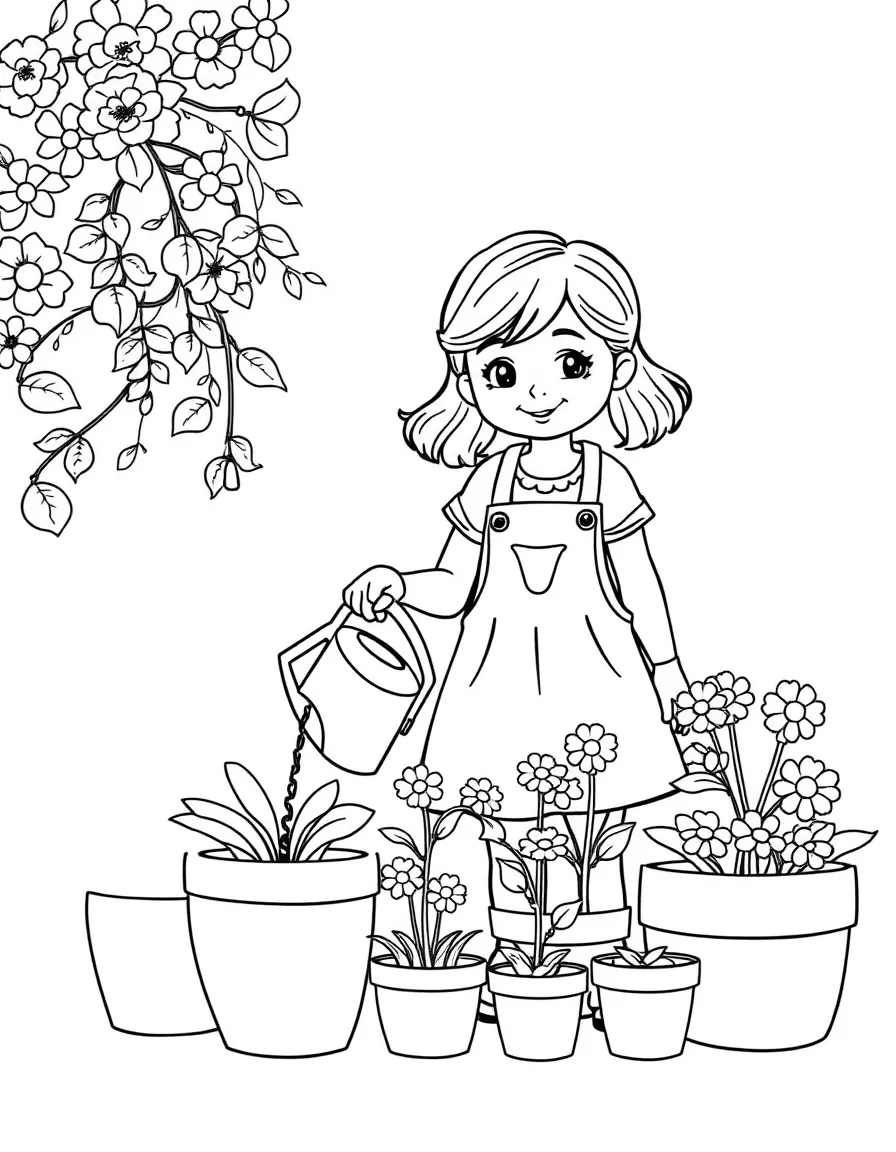 A girl with a watering can, helping her mom plant flowers in pots.