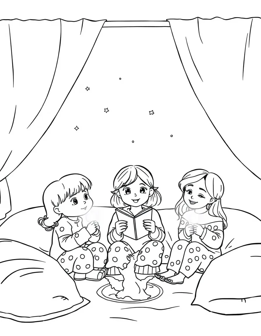 A girl having a pajama party with her friends, telling stories with flashlights.