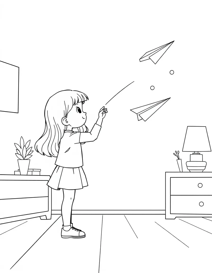 A girl making a paper airplane and watching it fly across the room.