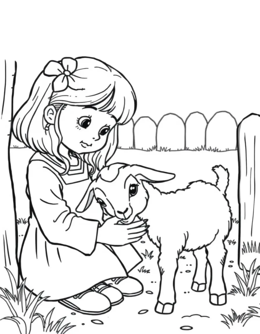 A girl at a petting zoo, gently stroking a baby goat.