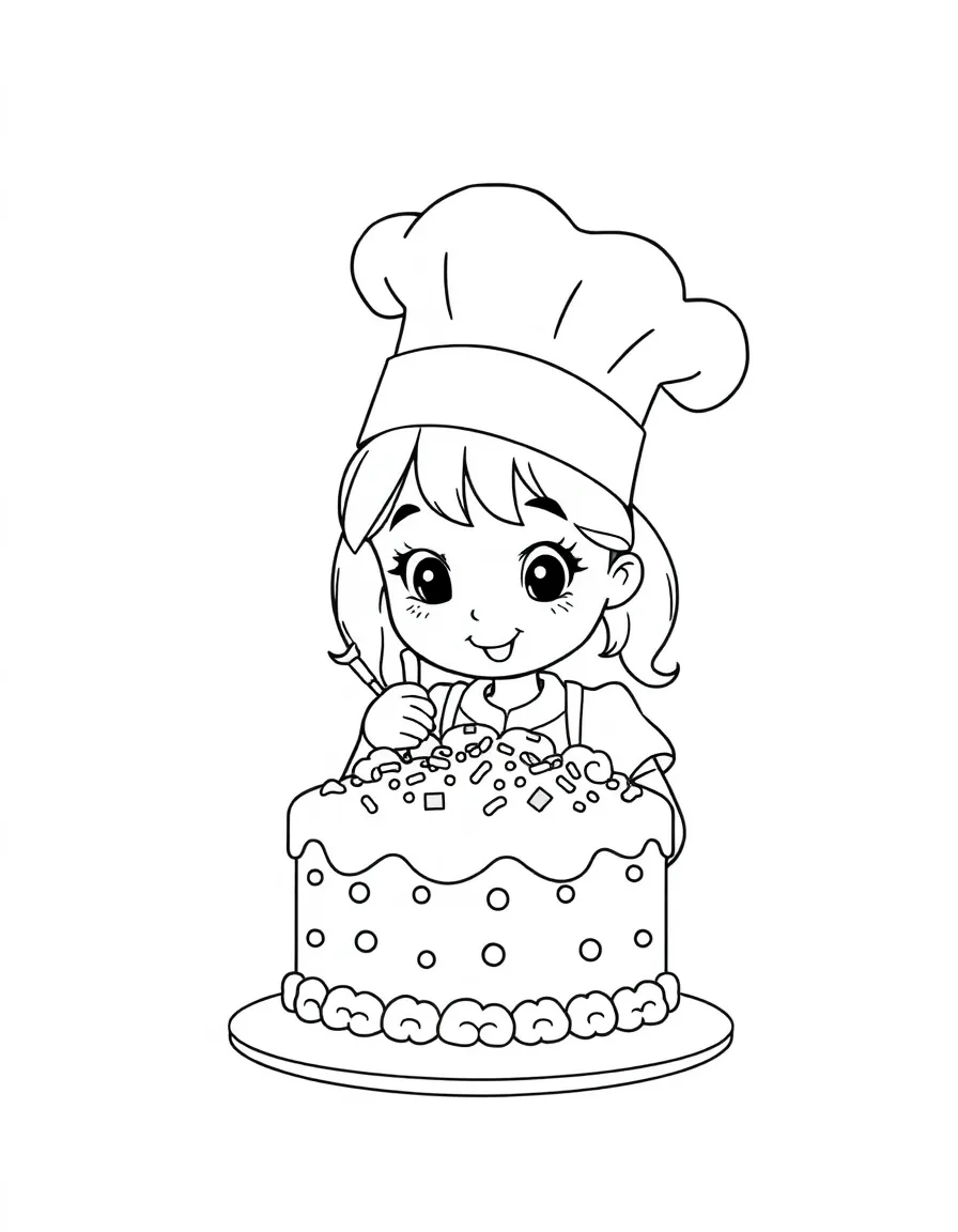A girl in a chef's hat, decorating a cake with sprinkles and frosting.