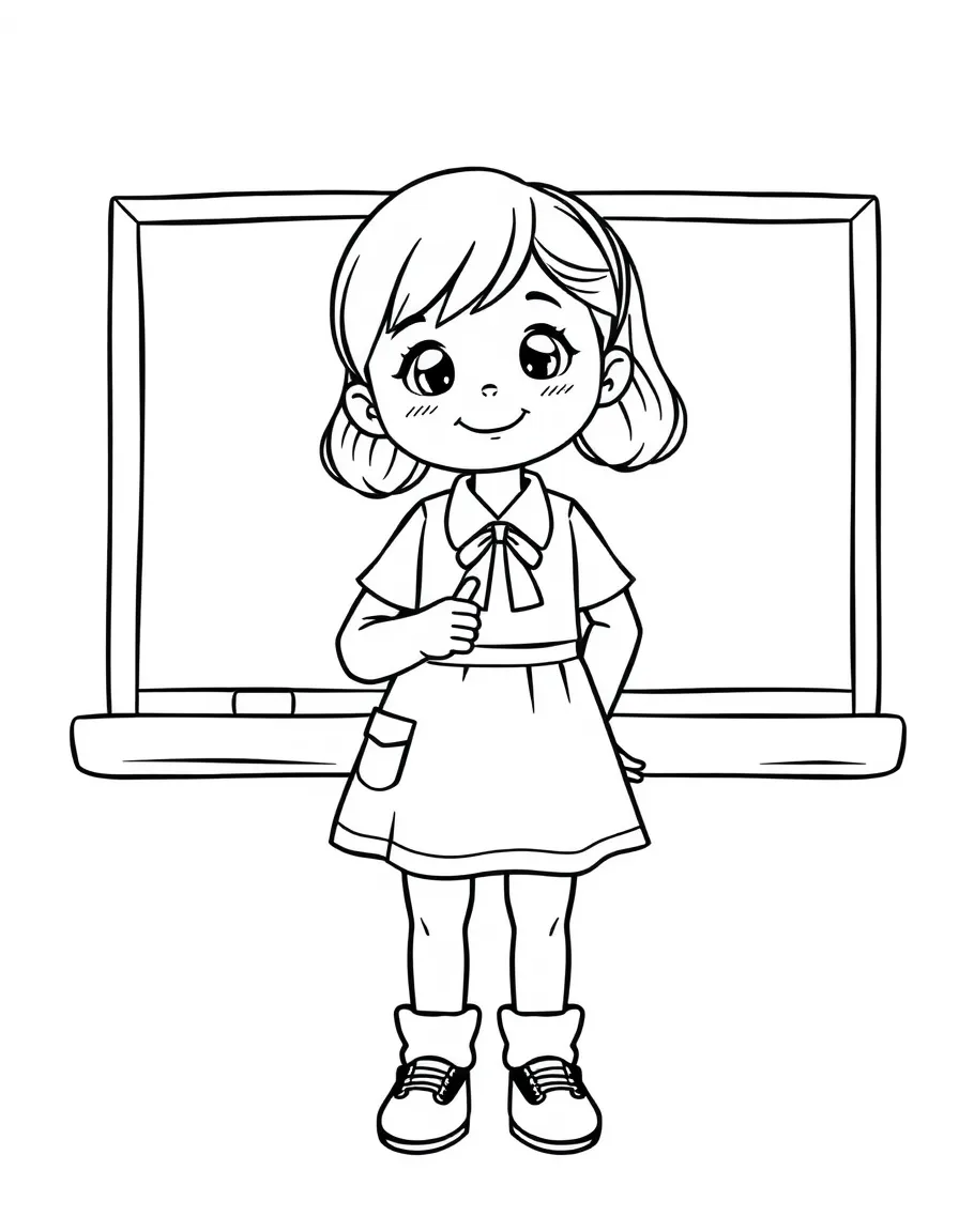 A girl pretending to be a teacher, standing in front of a chalkboard.