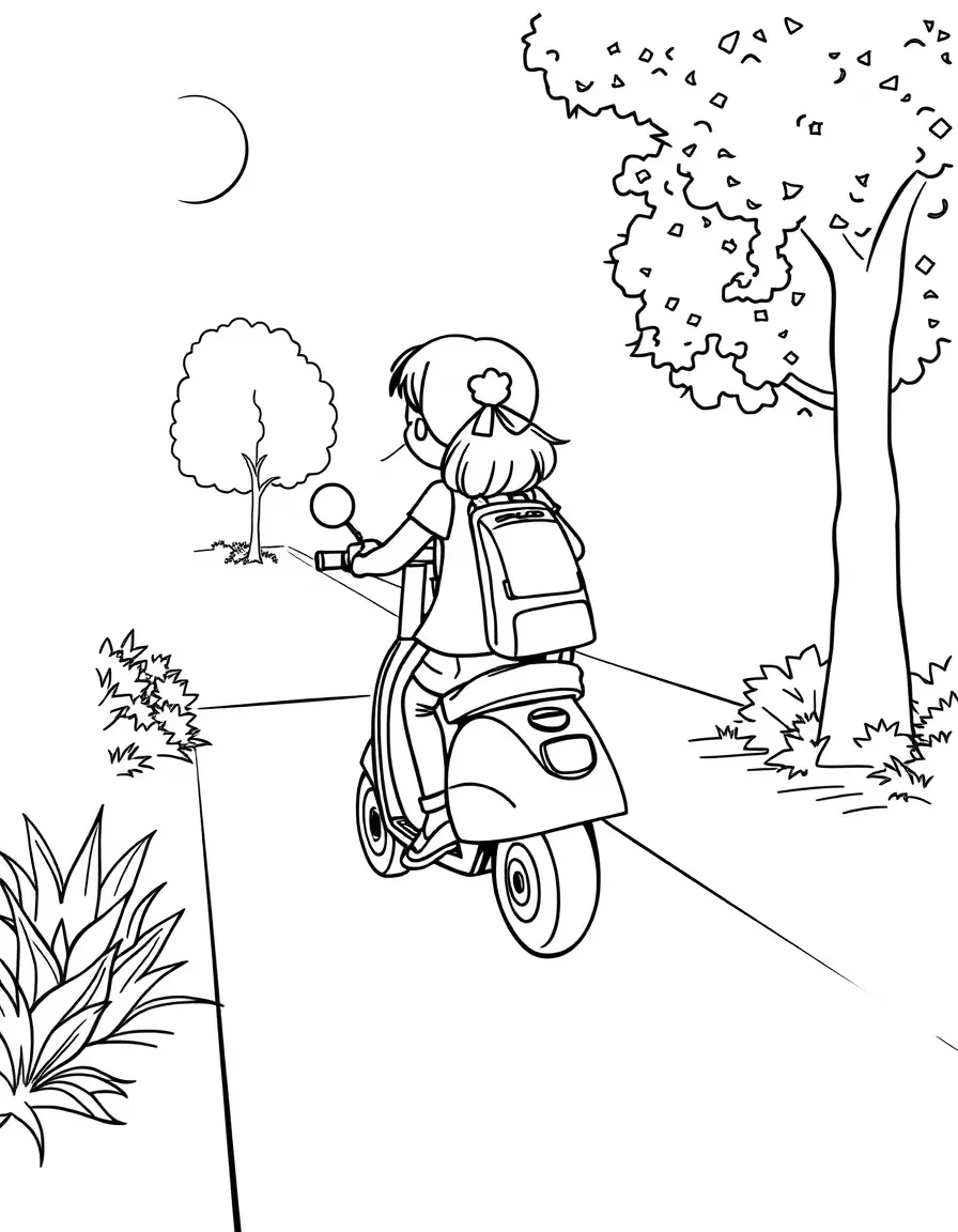 A girl riding a scooter down a sunny sidewalk.