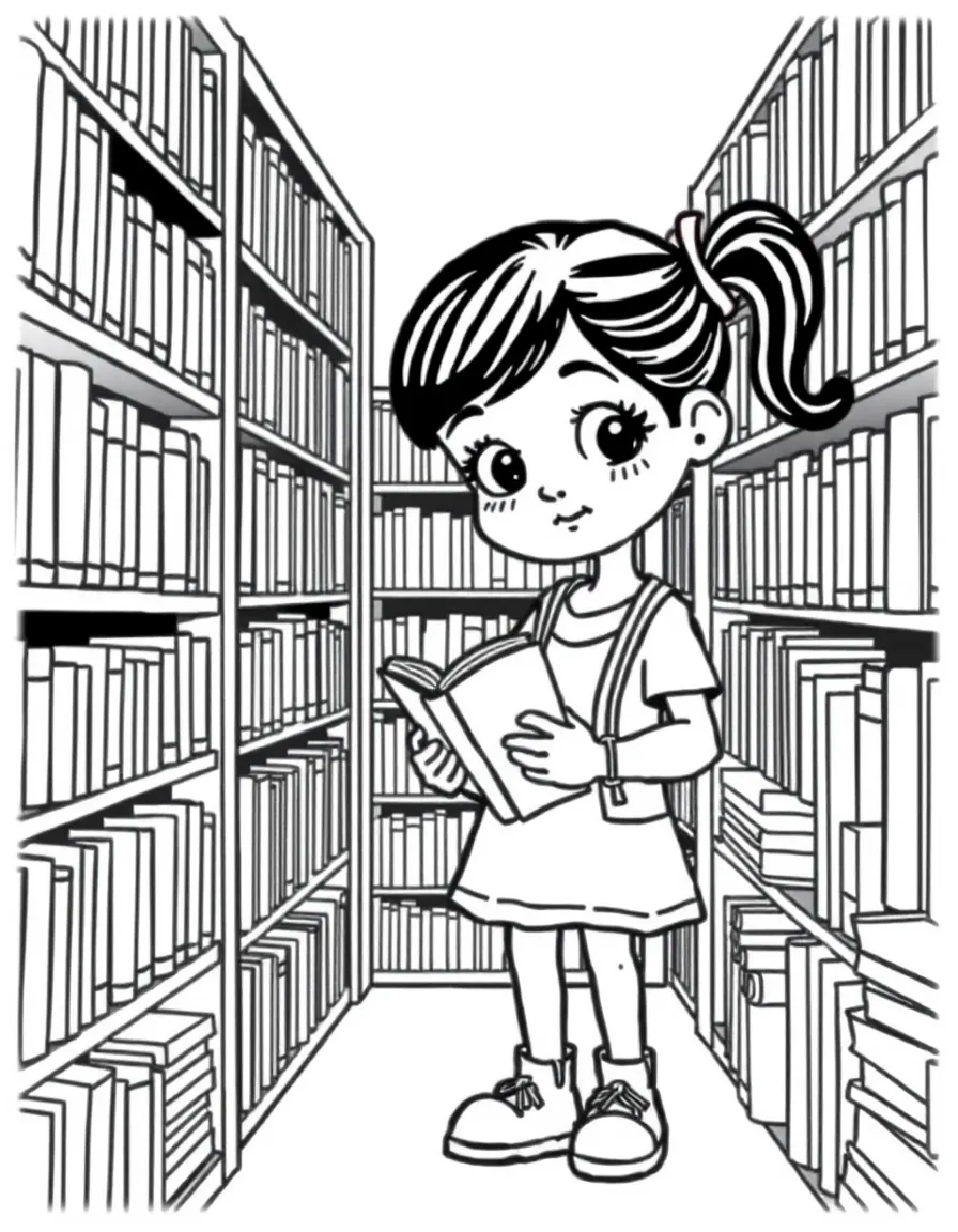 A girl at a library, surrounded by bookshelves, choosing a book to read.