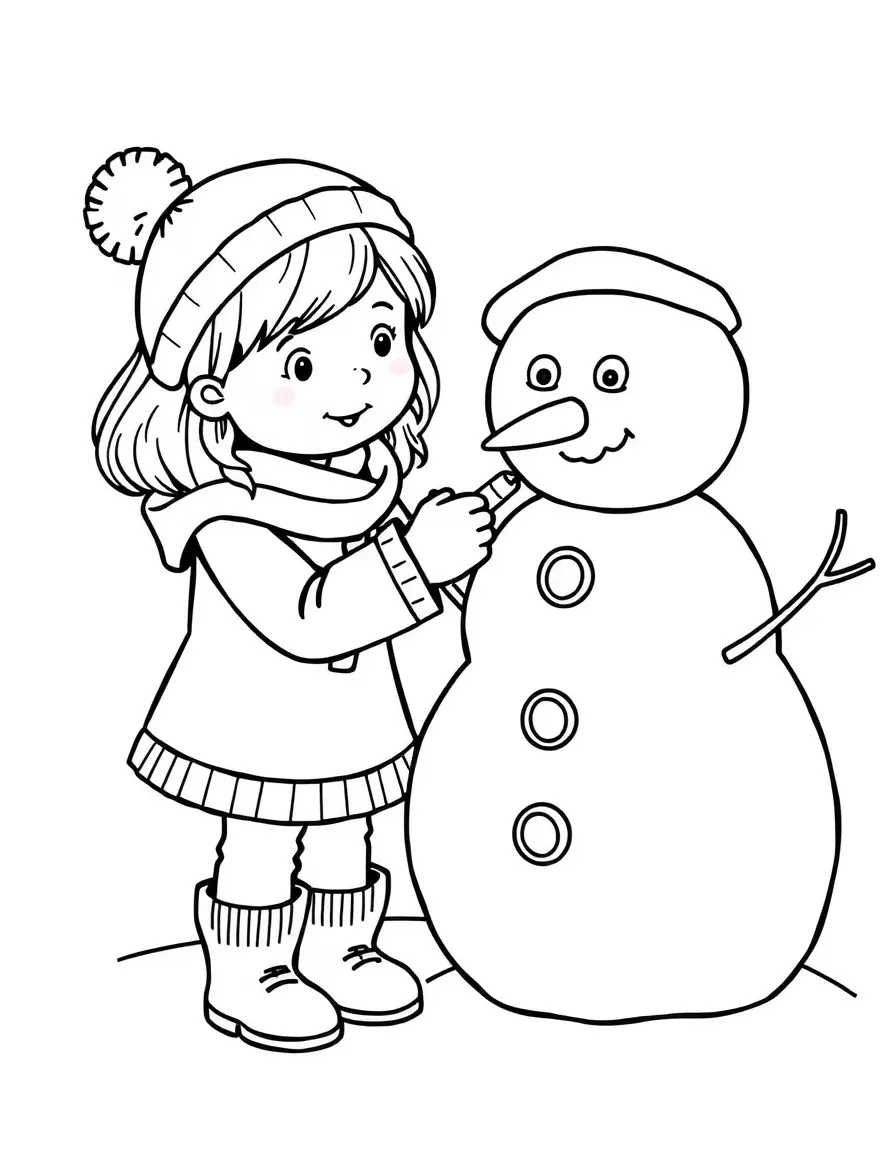 A girl making a snowman, adding a carrot nose and button eyes.