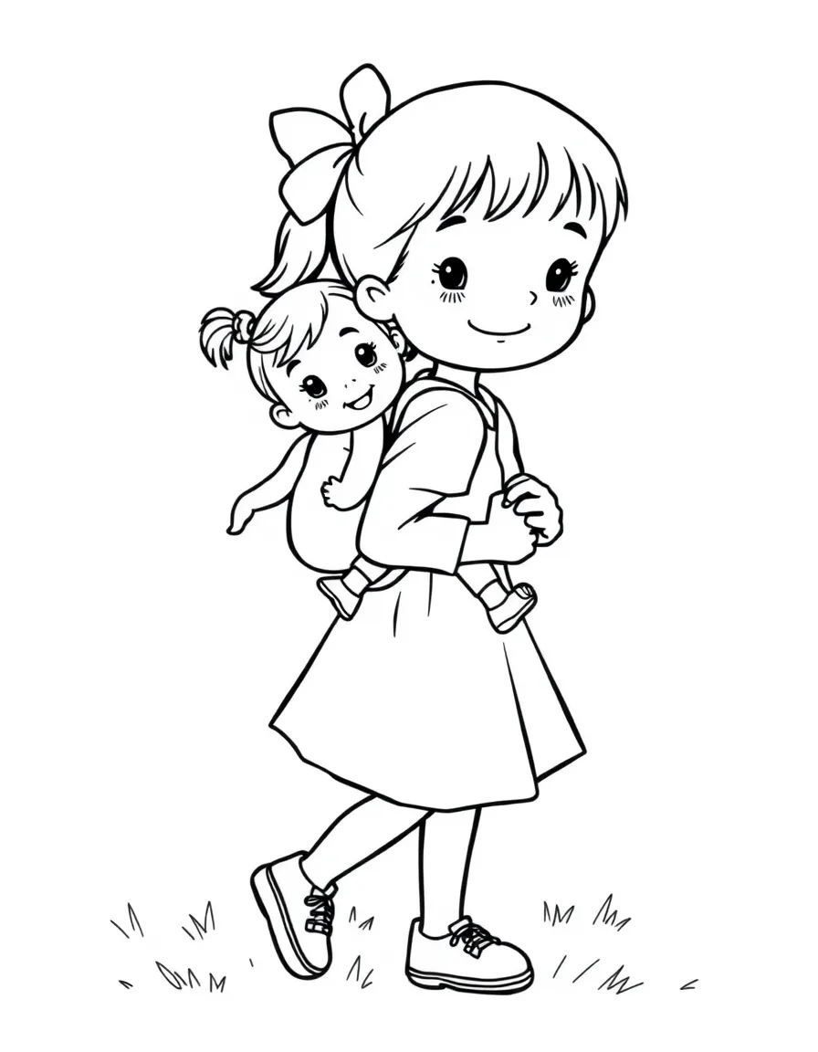 A girl giving her doll a piggyback ride.