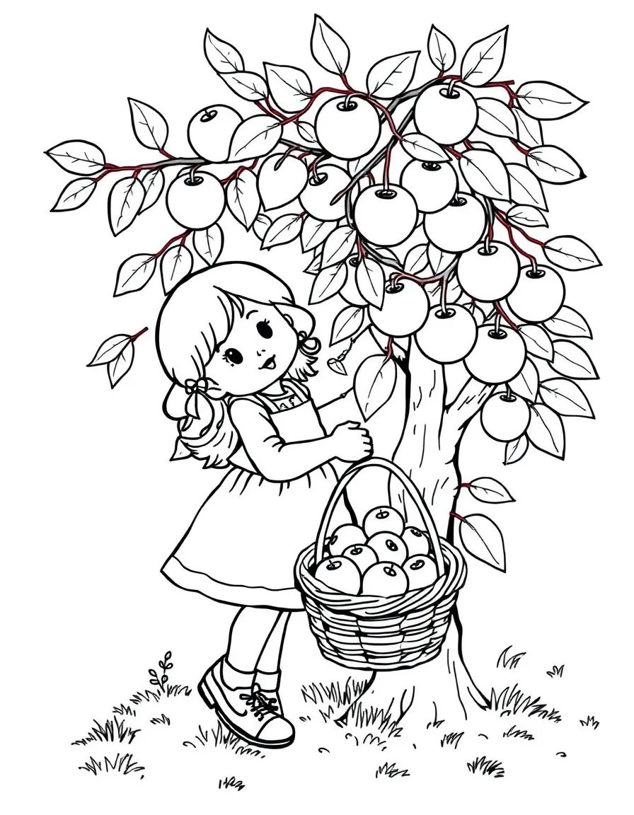 A girl picking apples from a tree, with a basket full of apples.