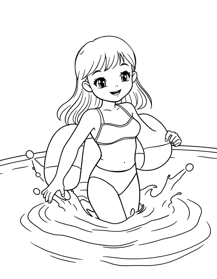 A girl in a swimsuit, splashing in a swimming pool with a floatie.