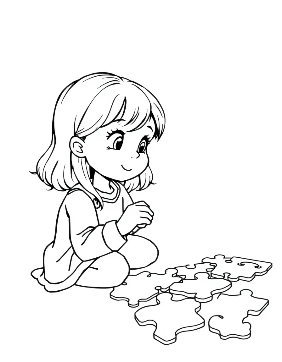 A girl putting together a jigsaw puzzle, looking for the last piece.