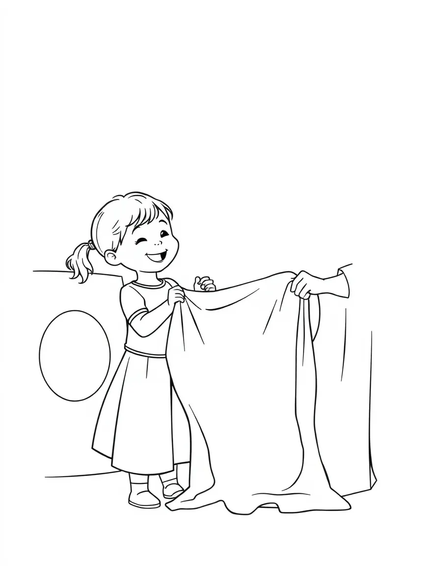 A girl helping her mom fold laundry, giggling as she tries to fold a large towel.
