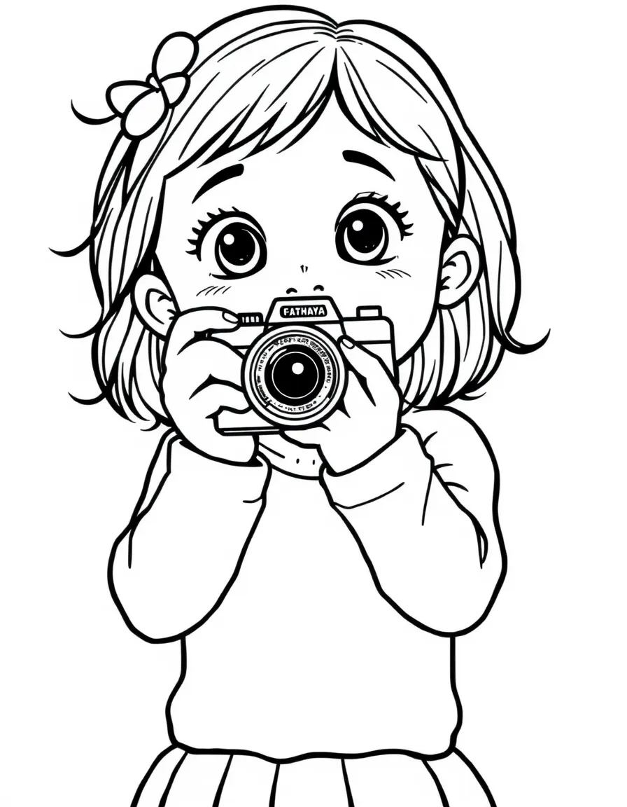 A girl pretending to be a photographer, holding a toy camera.