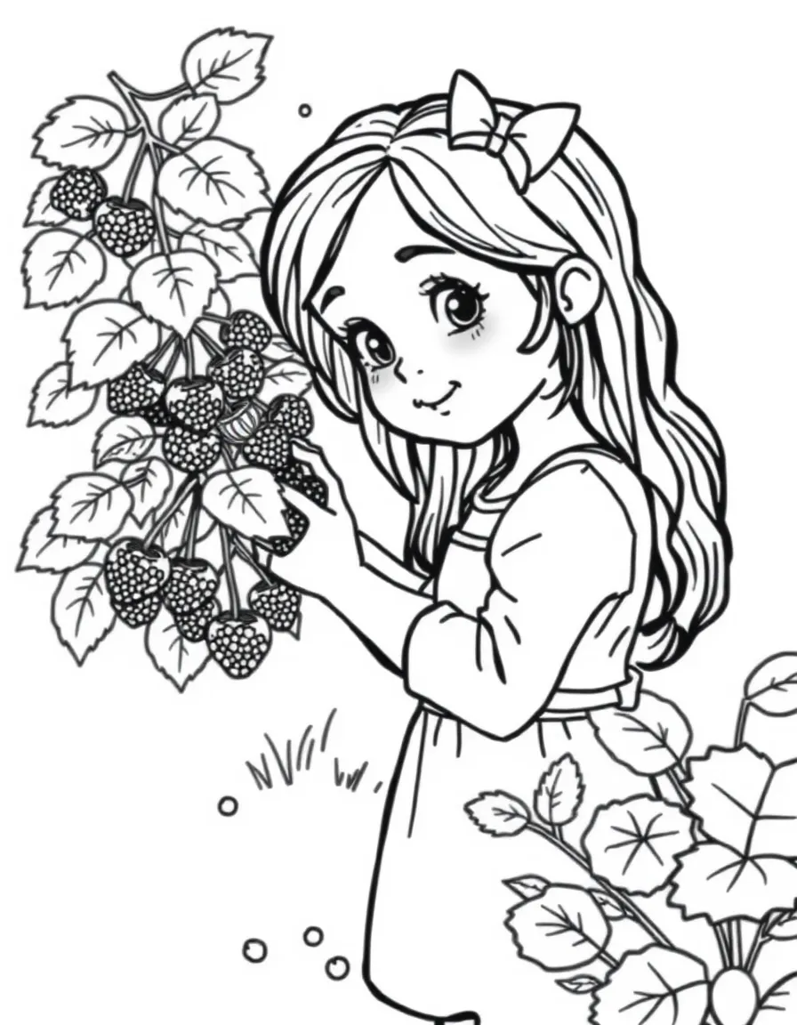 A girl in a garden, picking fresh berries from a bush.