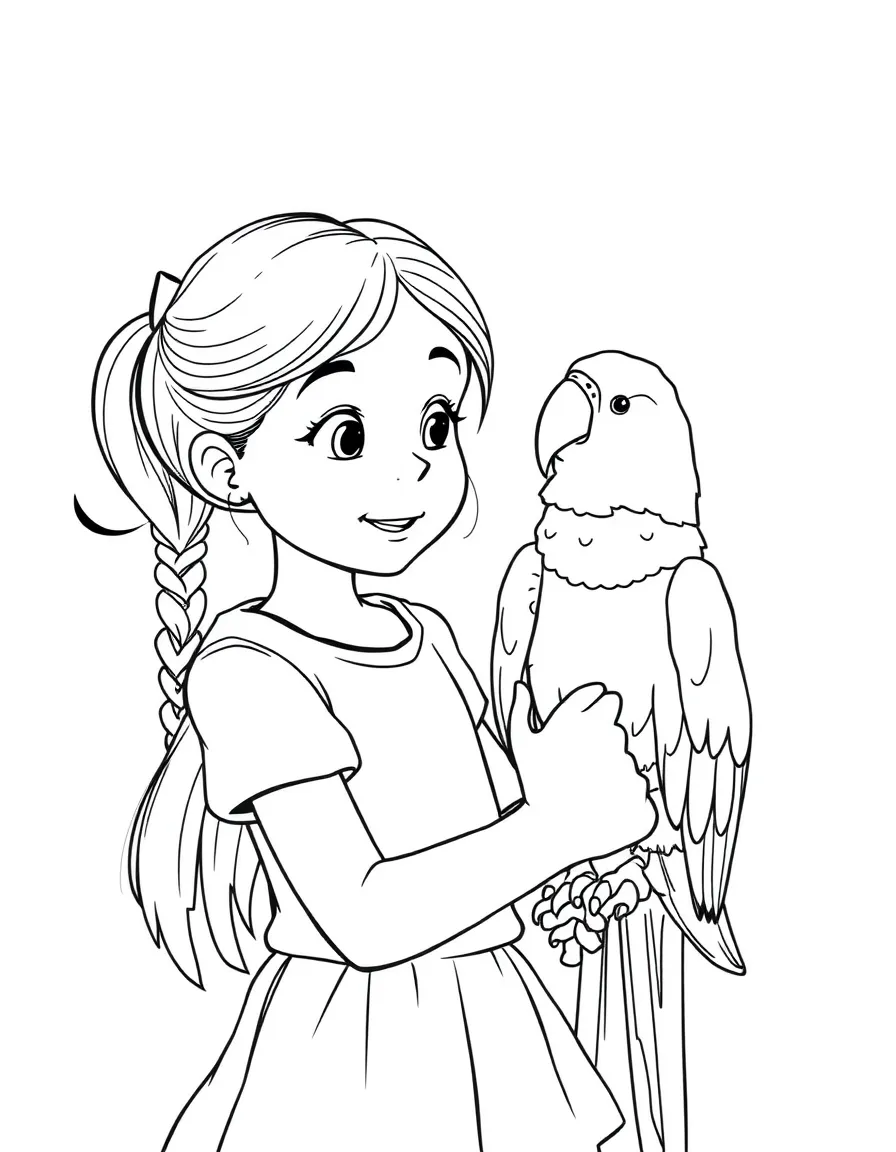 A girl teaching her pet parrot to talk, with the parrot perched on her shoulder.