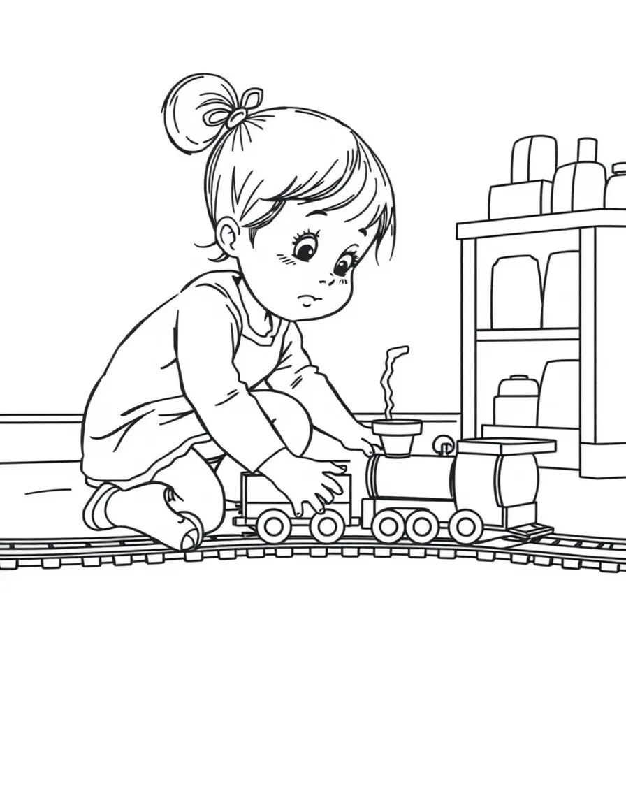 A girl playing with a train set on the floor, making train noises.