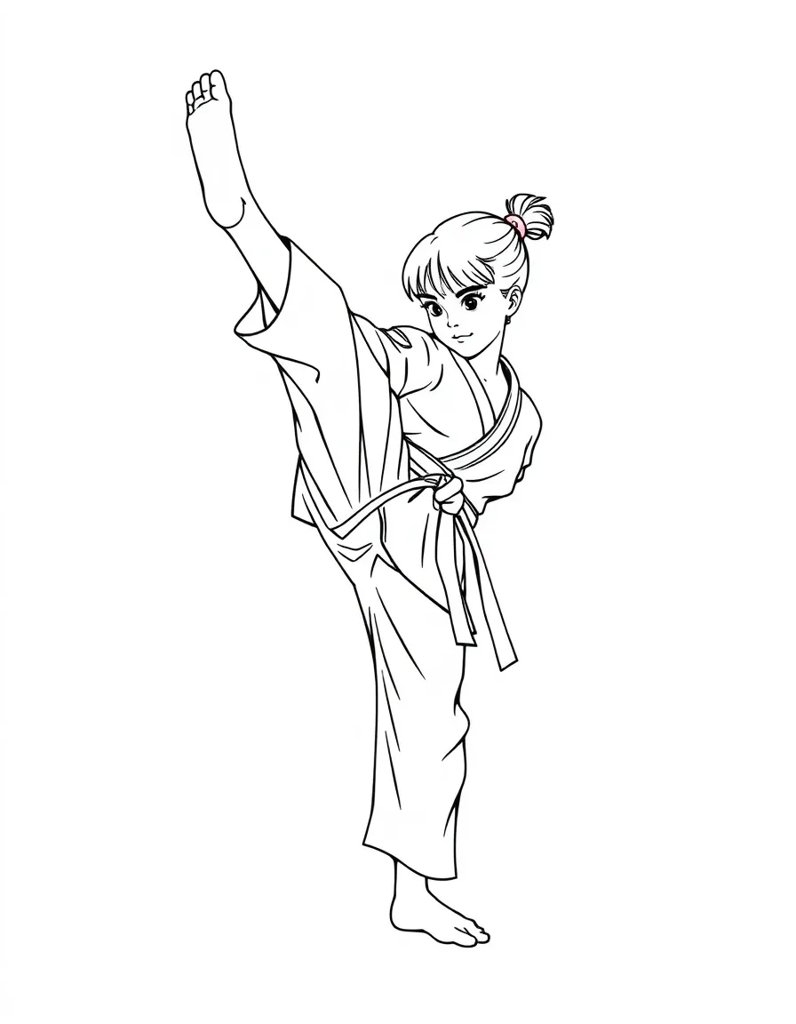 A girl in a karate gi, practicing a high kick with focus.