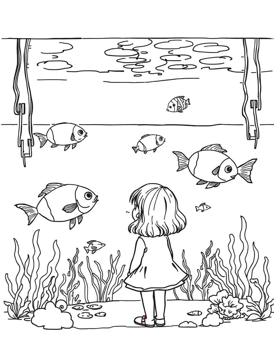 A girl looking at fish in an aquarium, fascinated by their movements.