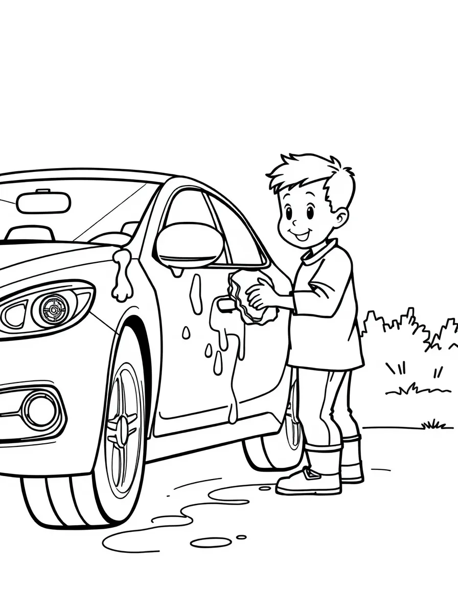 A girl helping her dad wash the car, holding a soapy sponge.