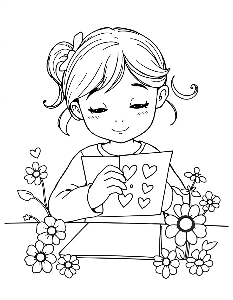 A girl making a greeting card for a friend, drawing hearts and flowers.