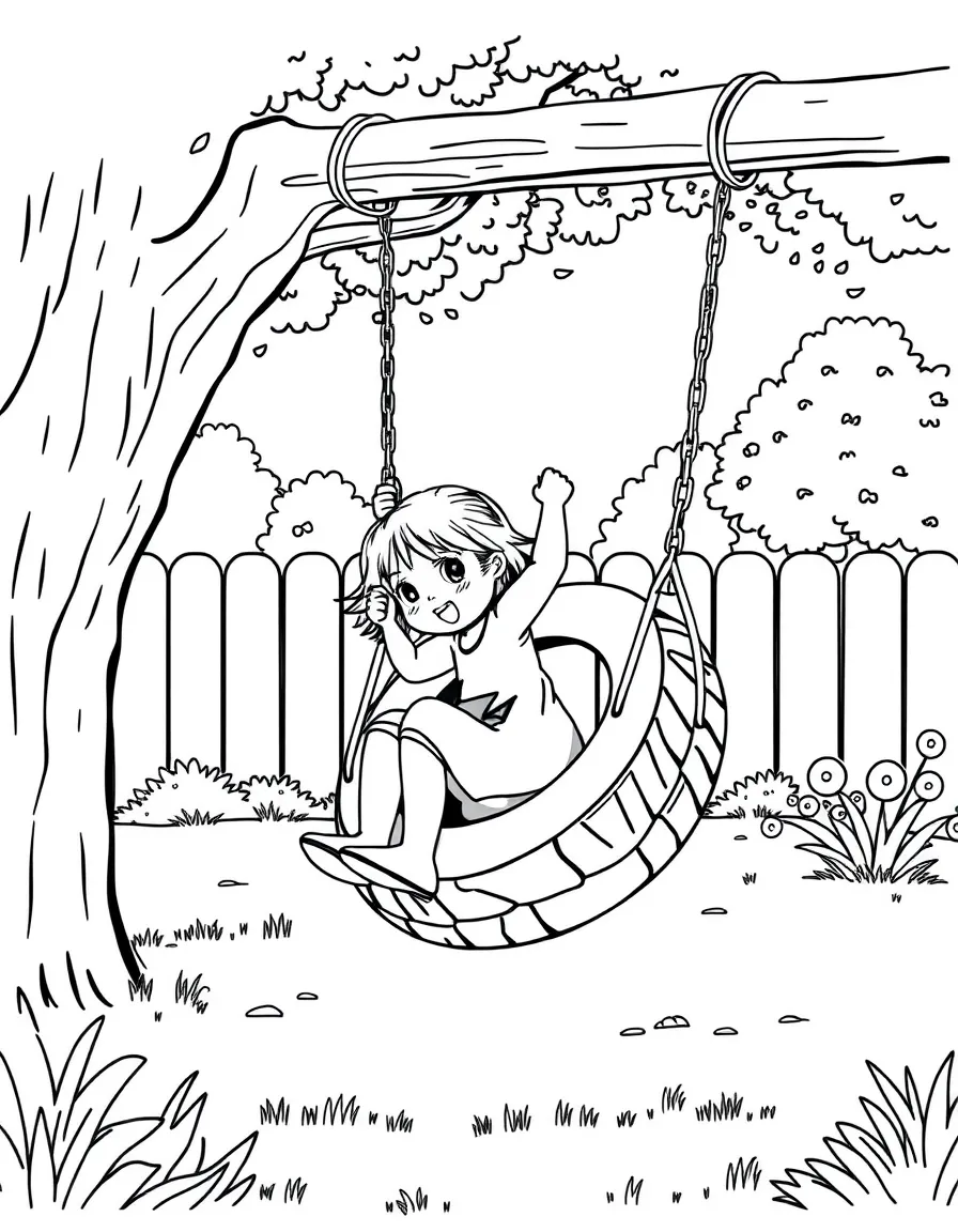 A girl swinging on a tire swing in a backyard.