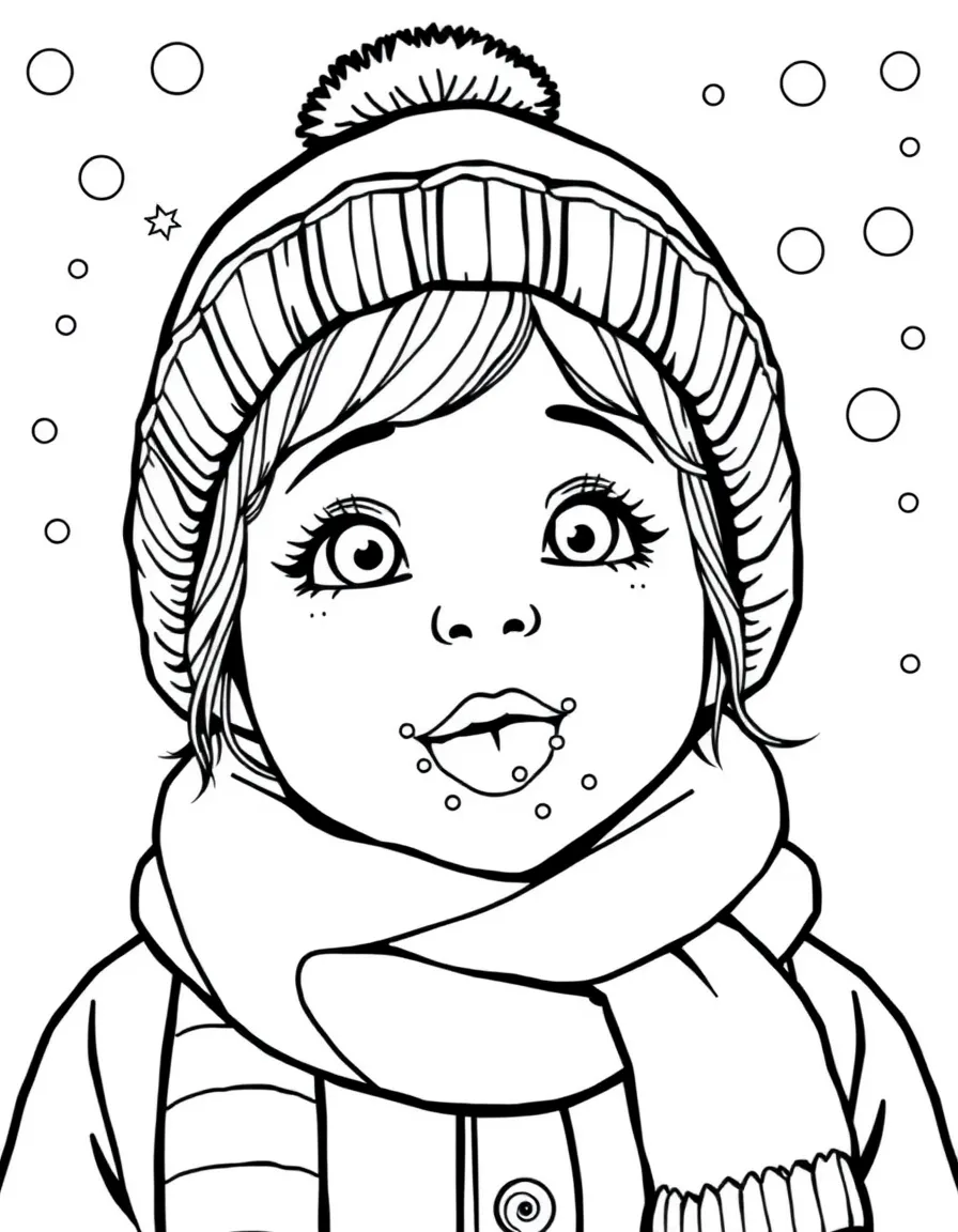 A girl in a warm hat and scarf, catching snowflakes on her tongue.