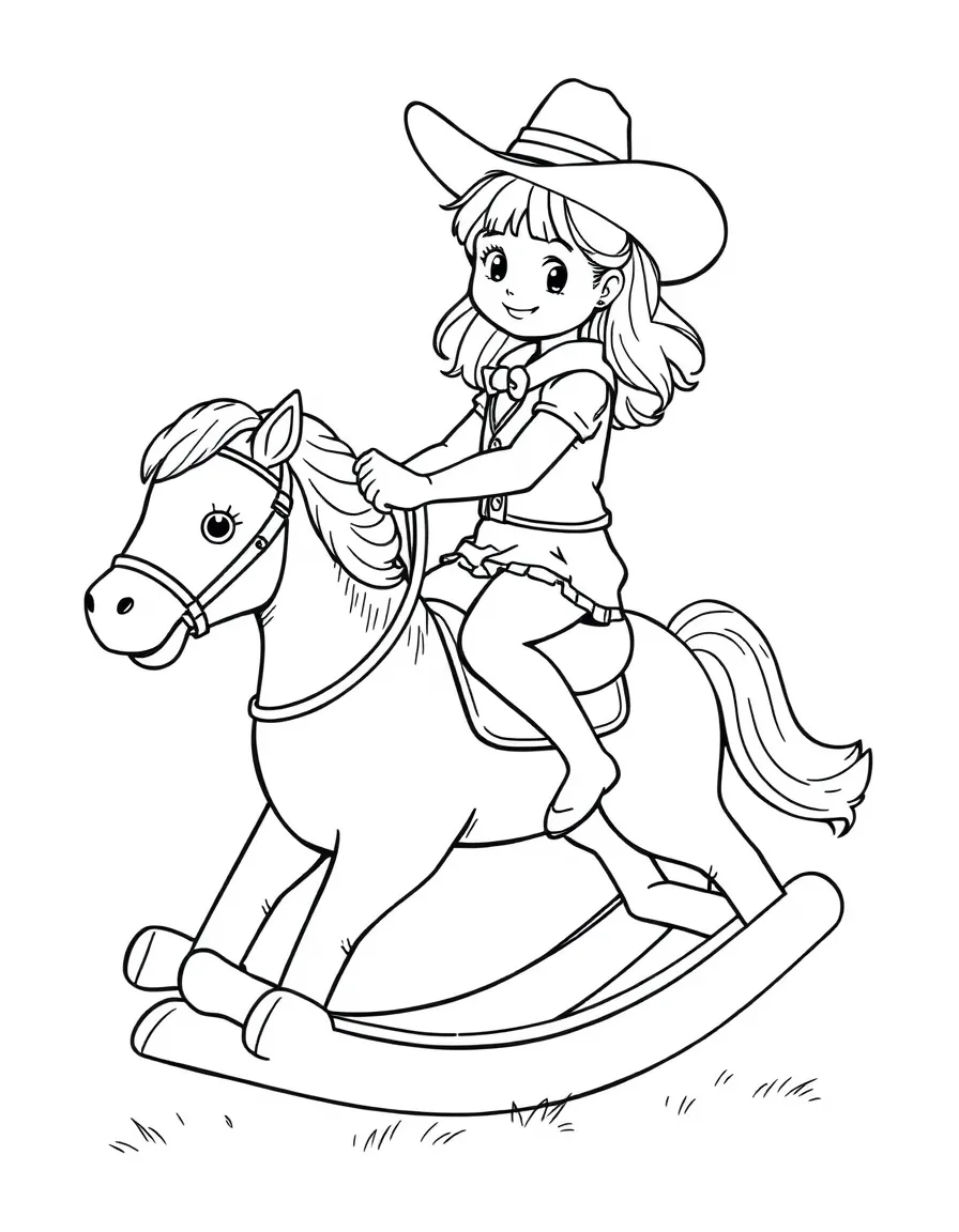 A girl riding a rocking horse, pretending to be a cowgirl.