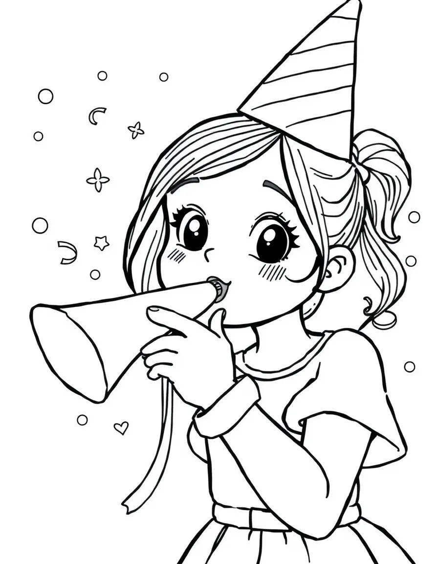 A girl blowing a party horn, celebrating a special occasion.